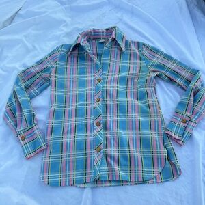 Vintage 1970s Plaid Button Down Shirt women’s Small Long Sleeve*